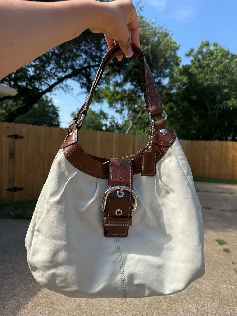 Coach SoHo White Leather Hobo Bag with Brown Trim